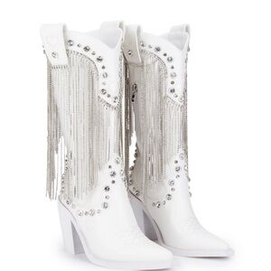 Dolls Kill White Heeled Boots with Silver Fringe